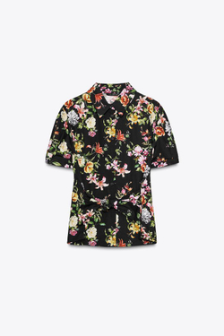 ZARA ТОП ИЗ ПОПЛИНА С ЦВЕТОЧНЫМ ПРИНТОМ, ЧЕРНЫЙ/ЗЕЛЕНЫЙ