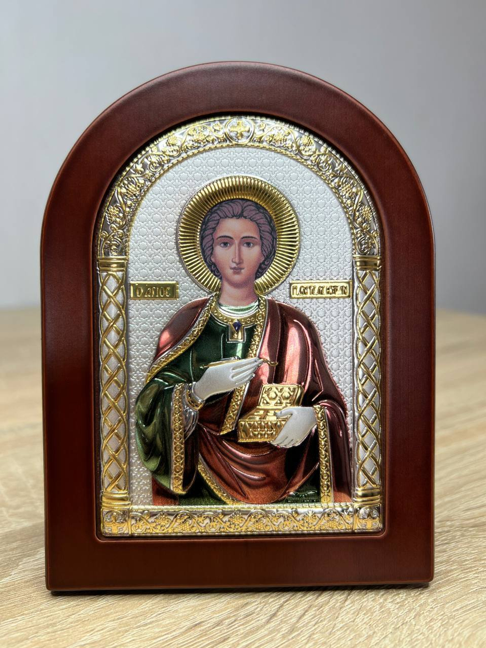 Пантелеймон, икона арочная, красное дерево, эмаль 105х140
