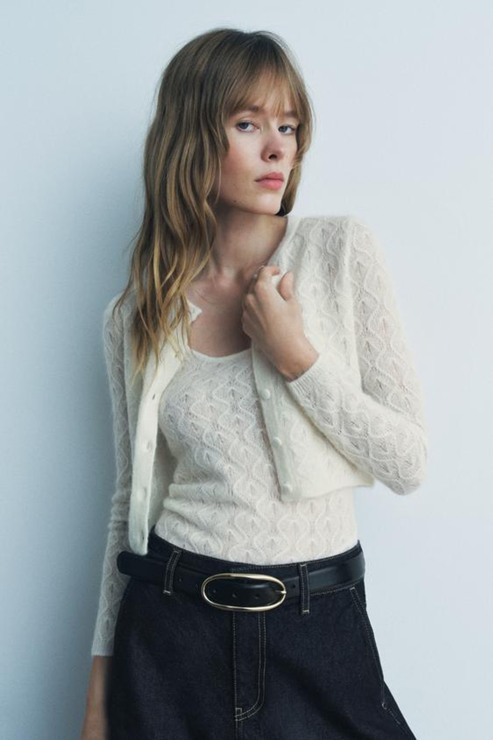 ZARA ТОП ИЗ ШЕРСТИ И АЛЬПАКИ С АЖУРНЫМ УЗОРОМ, БЕЛЫЙ