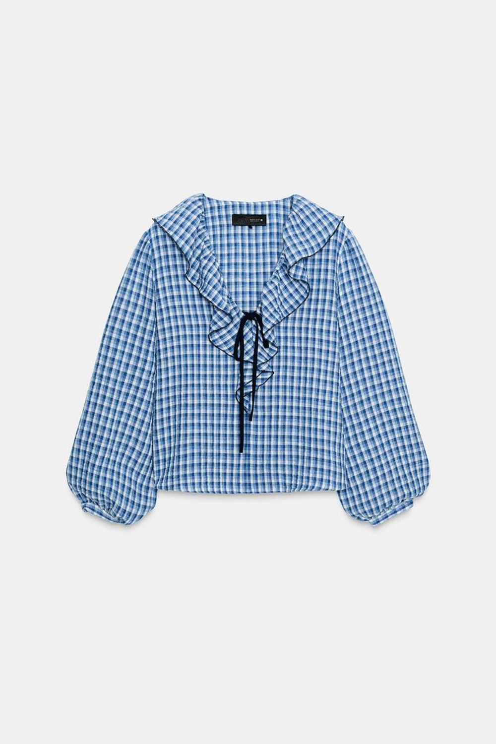 ZARA БЛУЗА В КЛЕТКУ ВИШИ С ВОЛАНАМИ, СИНИЙ/БЕЛЫЙ
