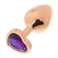 Золотистая анальная пробка OYO 7,3см с фиолетовым кристаллом-сердцем