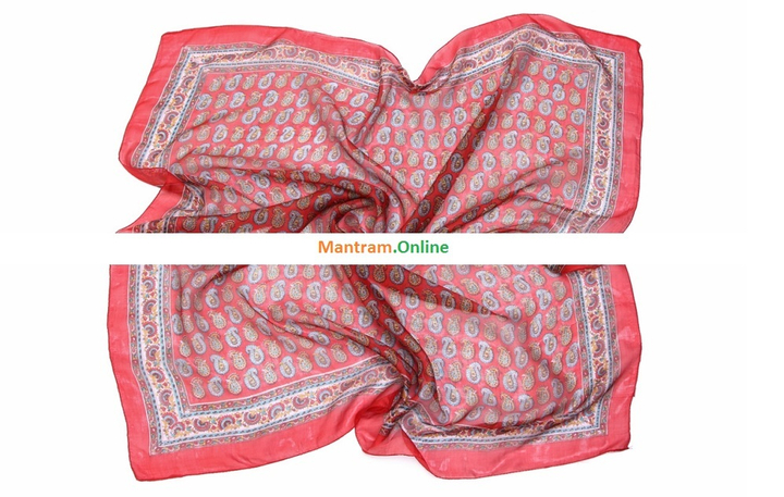 Платок материал Шелк 100% "Ряды огурцов" цвет микс на красном фоне с красной каймой 100x100 см МИКС