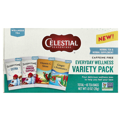 Celestial Seasonings, Everyday Wellness, ассорти вкусов, без кофеина, 16 чайных пакетиков, 28 г (1 унция)