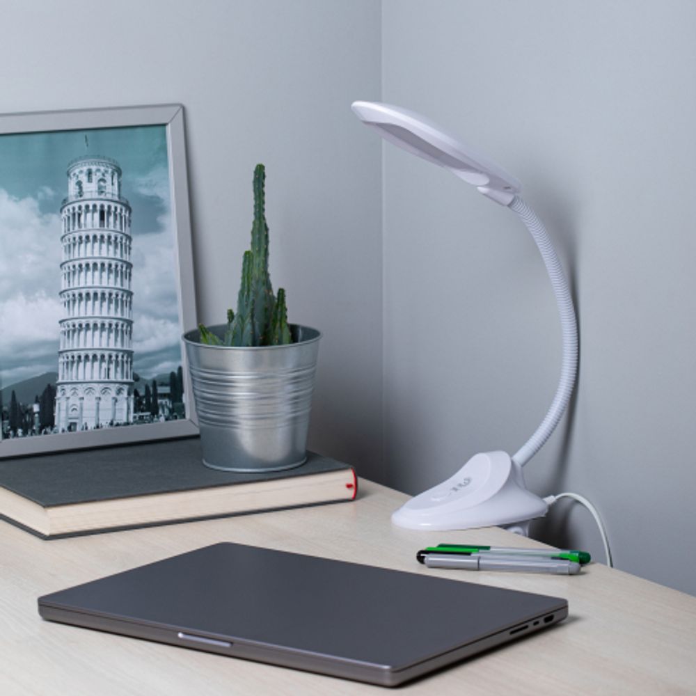 Настольный светильник ЭРА NLED-478-8W-W светодиодный на прищепке белый | Светодиодные настольные лампы