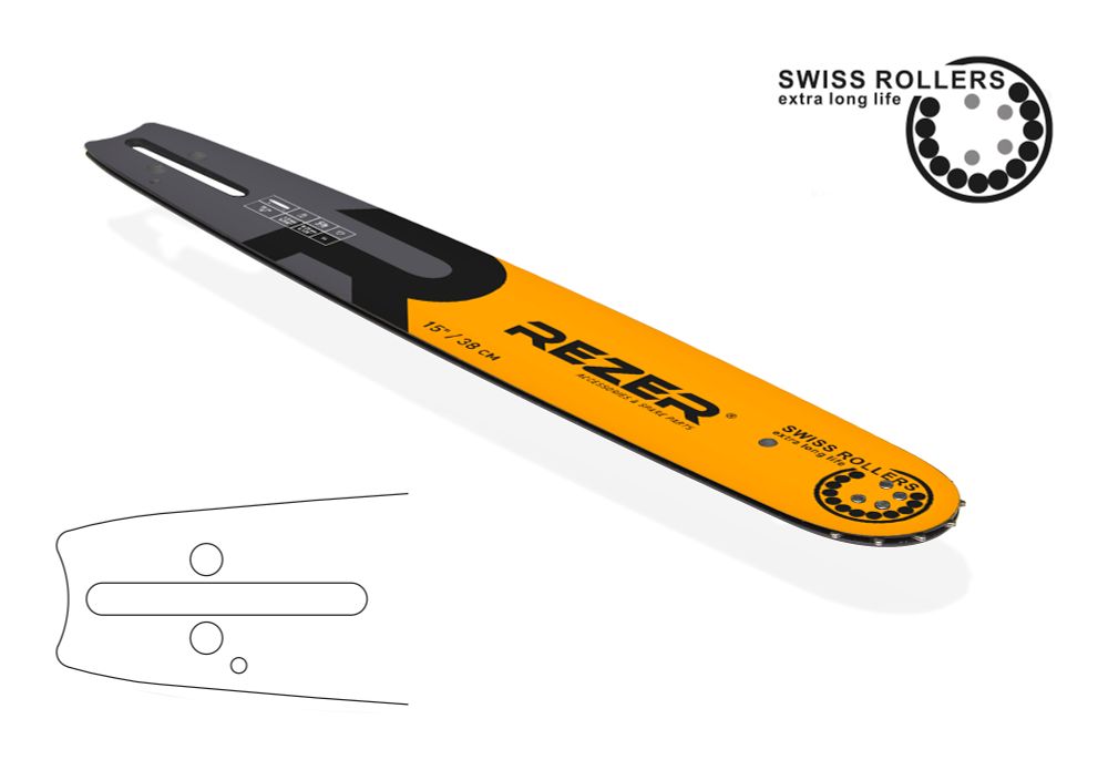 Длина шины, см: 38 (15”) Ширина паза, мм: 1,5 (0,058”) Шаг цепи, мм: 8,25 (0,325”)