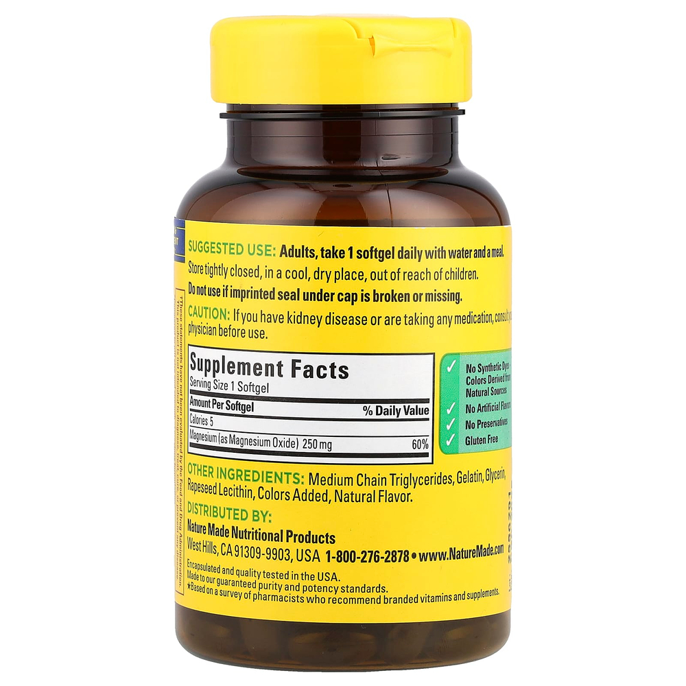 Nature Made, Магний, 250 мг, 90 мягких таблеток
