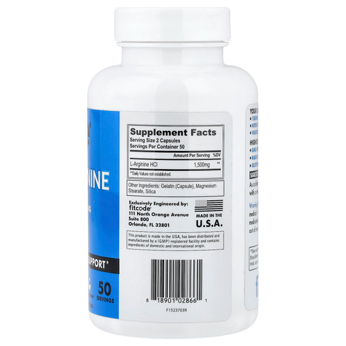 fitcode, L-аргинин, 100 капсул (750 мг в 1 капсуле)