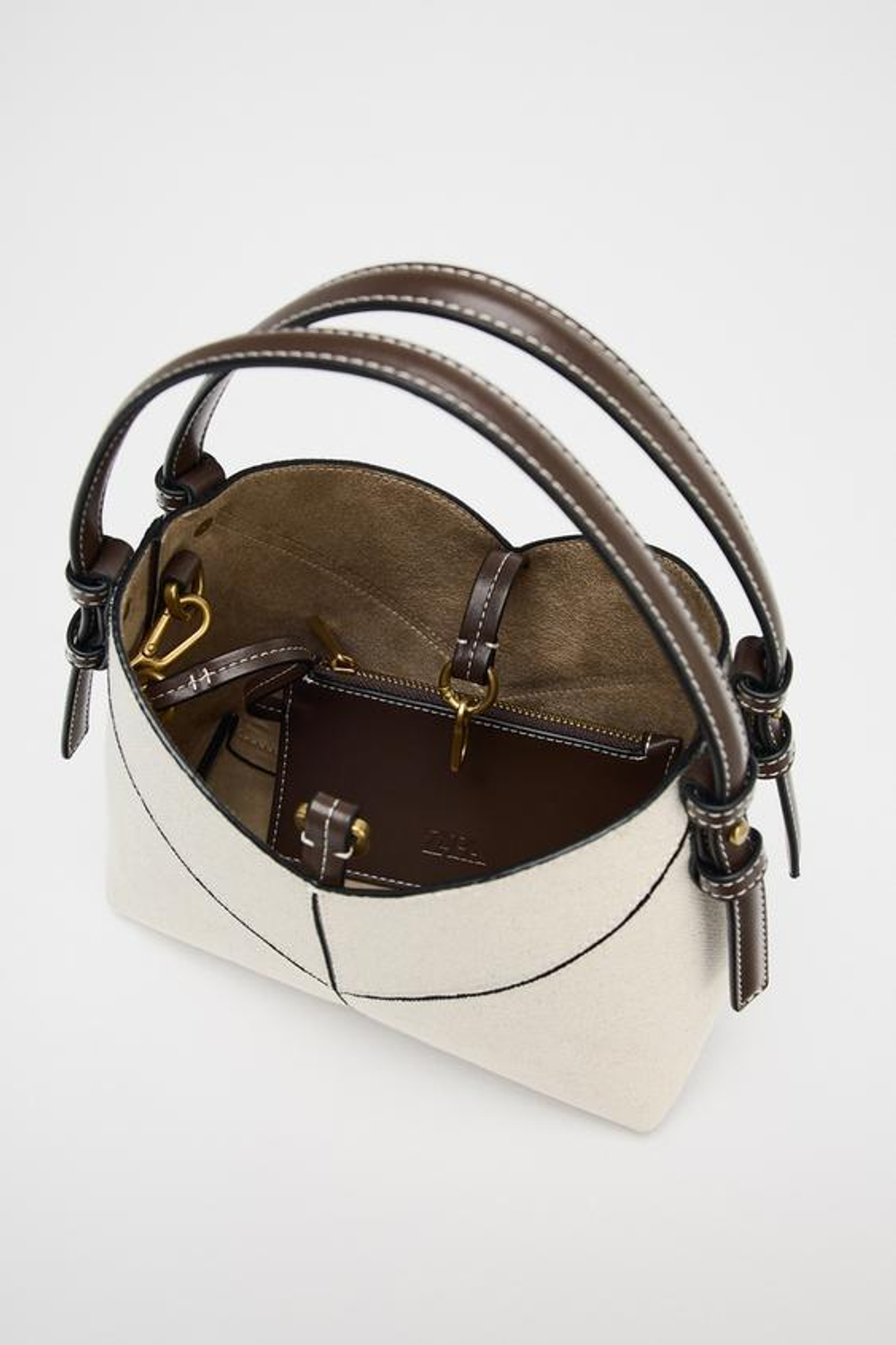 ZARA НЕБОЛЬШАЯ ХОЛОЩОВАЯ СУМКА-ШОПЕР С КОНТРАСТНЫМИ ДЕТАЛЯМИ, ЭКРЮ