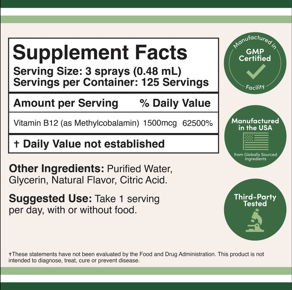 Double Wood Supplements - Vitamin B12 Spray - 375 x 500 mcg sprays