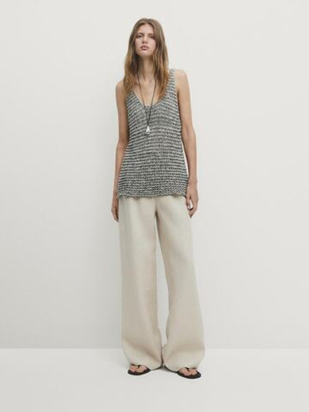 Massimo Dutti Трикотажный топ на бретелях с контрастной нитью, кротово-коричневый