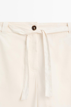 Massimo Dutti Брюки из смесовой хлопковой ткани с завязками, белый