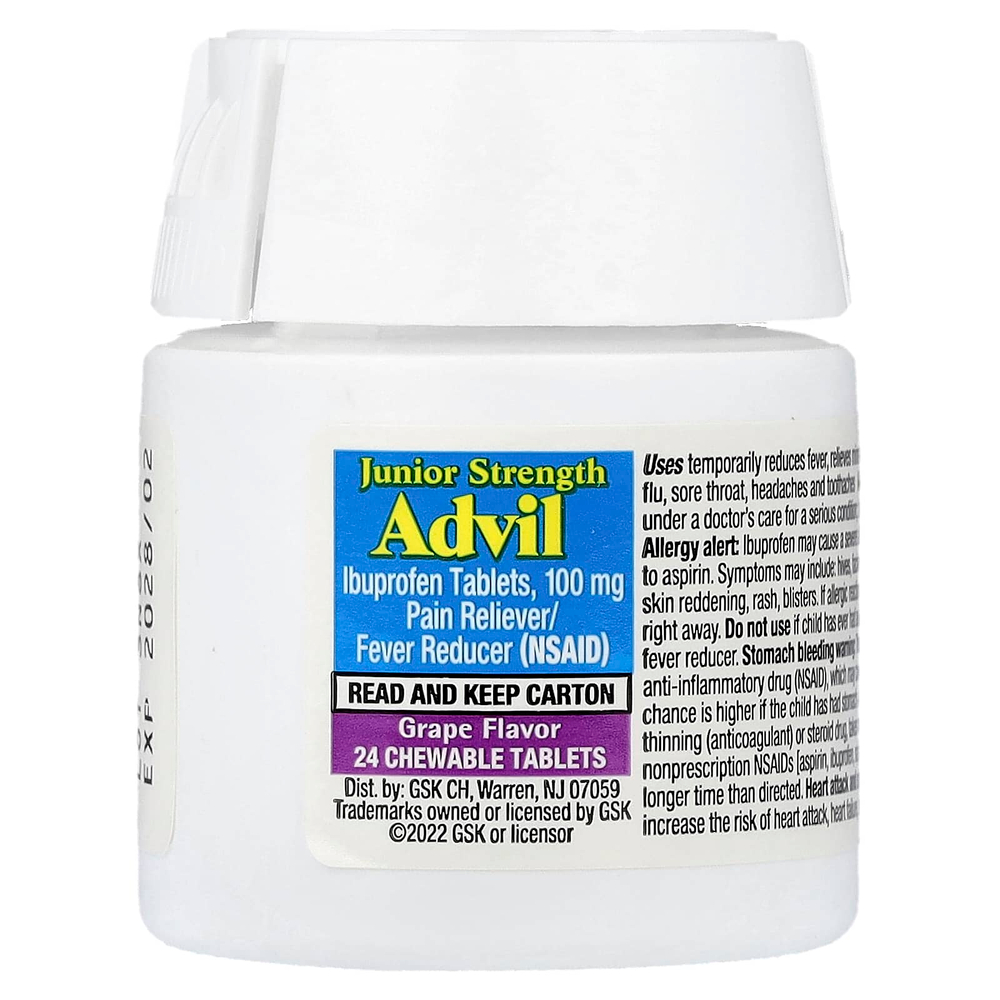 Advil, Junior Strength, ибупрофен в таблетках, для детей от 2 до 11 лет, со вкусом винограда, 100 мг, 24 жевательных таблетки