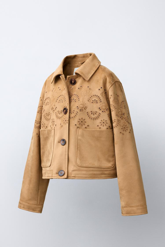 ZARA КУРТКА ИЗ ИСКУССТВЕННОЙ ЗАМШИ С ВЫШИВКОЙ, РЫЖЕВАТО-КОРИЧНЕВЫЙ