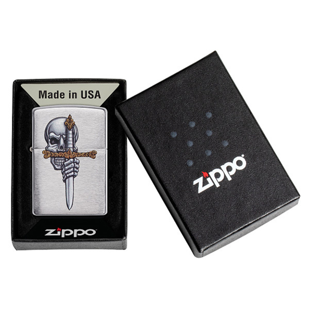 Зажигалка Zippo Sword Skull Desig с покрытием Brushed Chrome