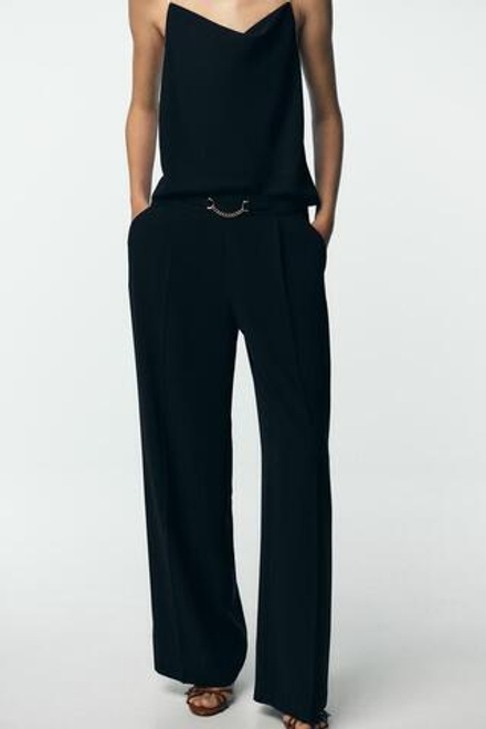 ZARA БРЮКИ С ШИРОКИМИ ШТАНИНАМИ И ЦЕПЬЮ, ЧЕРНЫЙ