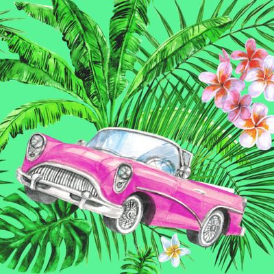 Ретро машина, пальмовые листья и тропические цветы