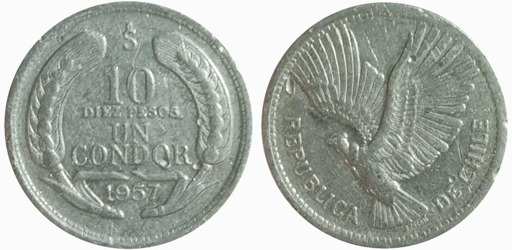 Чили 10 песо, 1956 - 1959 Кондор VF