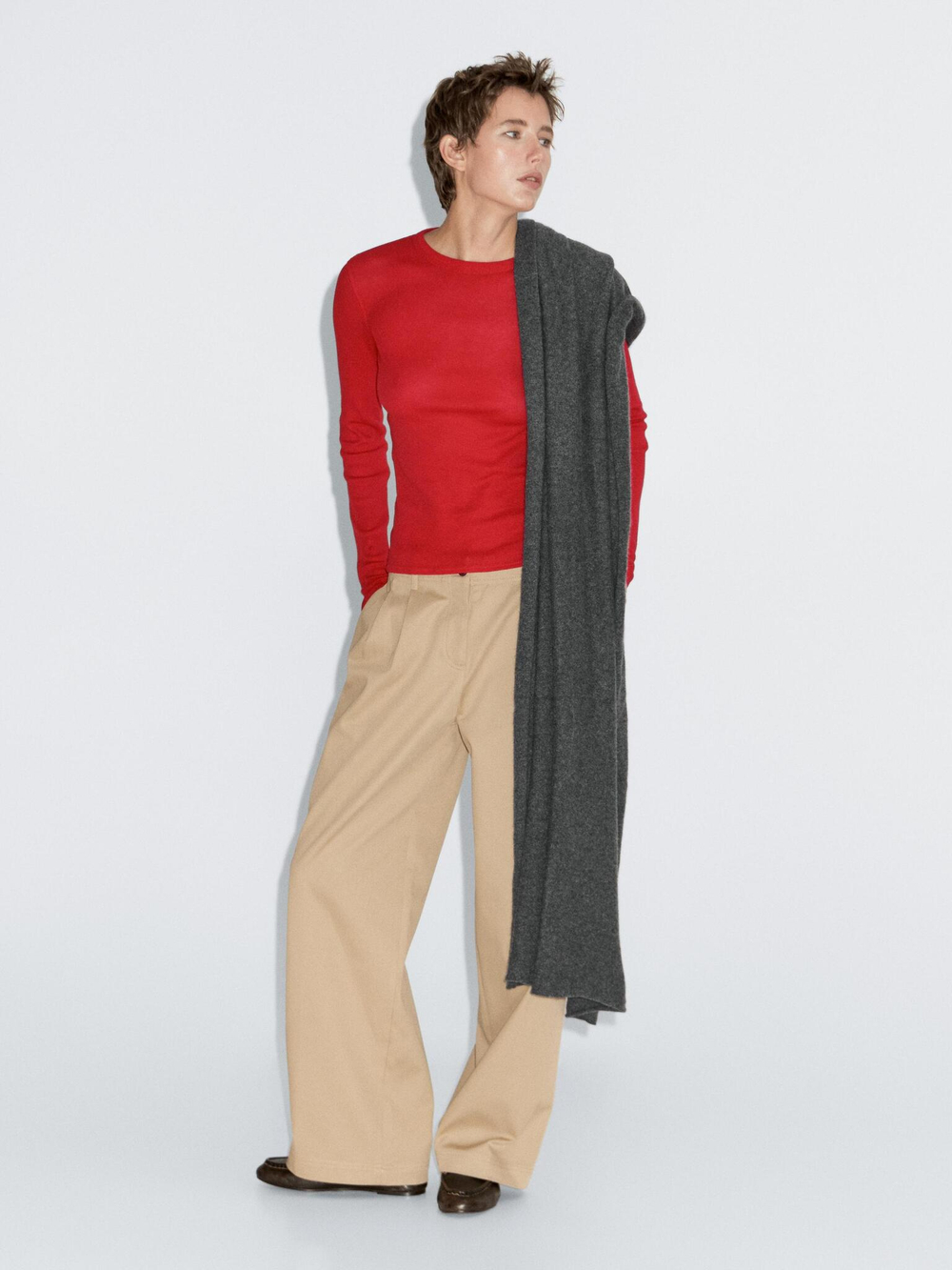 Massimo Dutti Футболка из смесового хлопка с длинными рукавами, красный