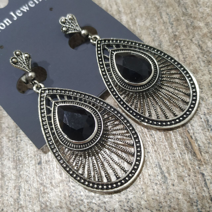 Серьги на англ.заст Bohemia капля лучики кристалл черный металл античный серебристый