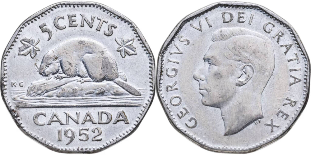 Канада 5 центов, 1951-1952 Король Георг VI VF