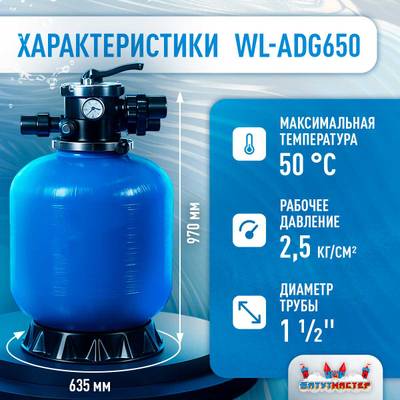 Песочный фильтр WL-ADG650 для бассейна до 128 м³, до 160 кг песка, до 16000 л/ч