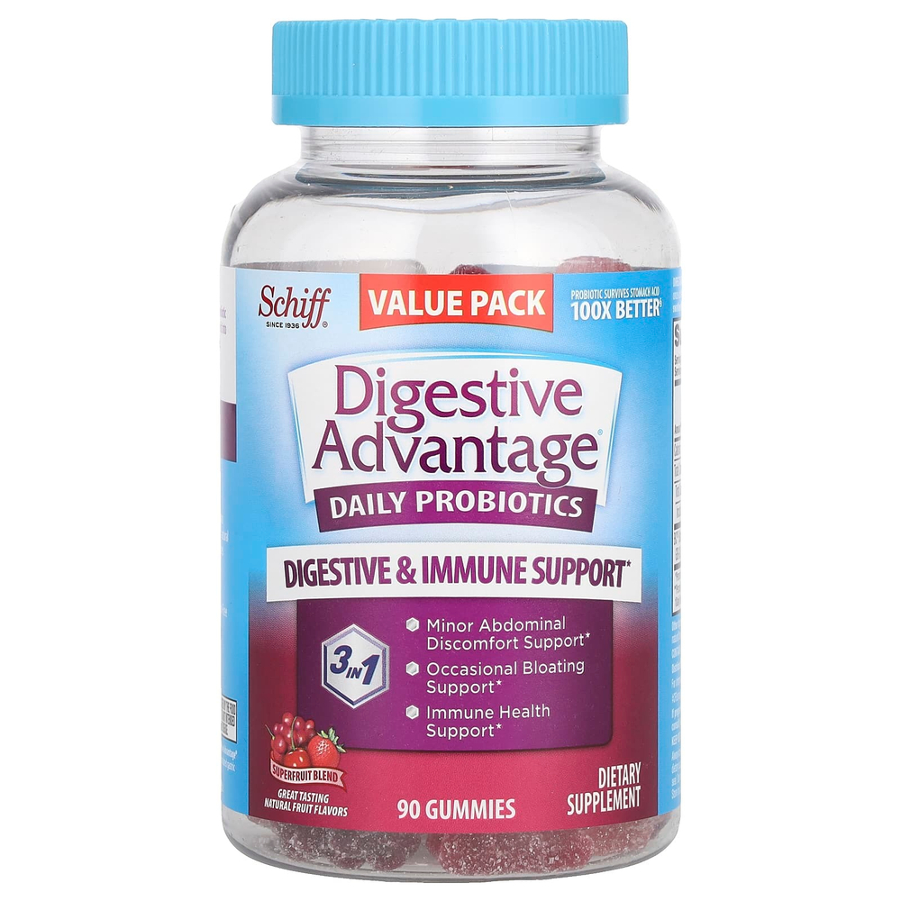 Schiff, Digestive Advantage®, ежедневные жевательные мармеладки с пробиотиками, смесь суперфруктов, 90 жевательных таблеток