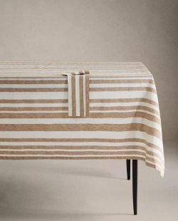 ZARA HOME ЛЬНЯНАЯ СКАТЕРТЬ В ПОЛОСКУ, СВЕТЛО-БЕЖЕВЫЙ