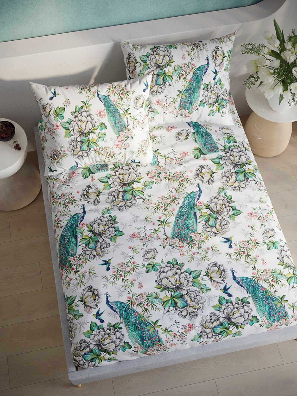Постельное белье поплин Сказка "Павлины" 1,5-сп Наволочка 50х70 см 1 шт Простынь 150x215 см Пододеяльник 145x215 см