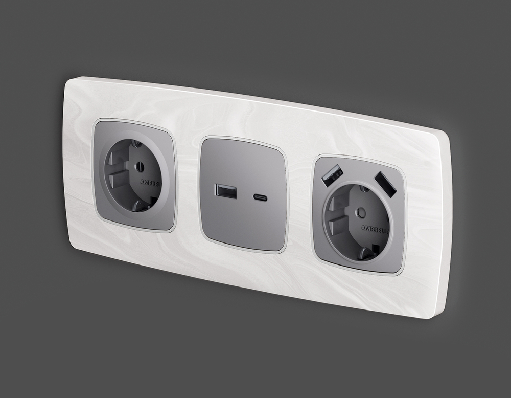 OP5090 Лицевая панель OMEGA (Сталь матовый) для электрической розетки с/з со шторками 2USB A+A QUANT