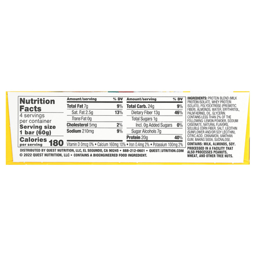 Quest Nutrition, протеиновый батончик, лимонный торт, 4 шт. по 60 г (2,12 унции)