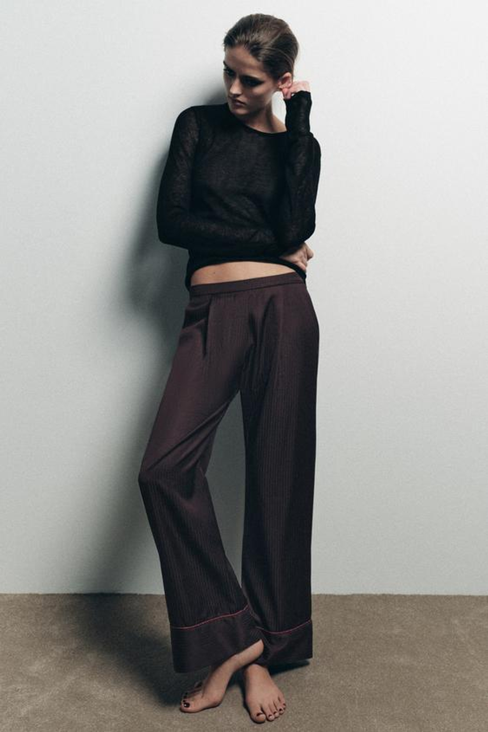 ZARA БРЮКИ В ПИЖАМНОМ СТИЛЕ В КОНТРАСТНУЮ ПОЛОСКУ, КОРИЧНЕВЫЙ