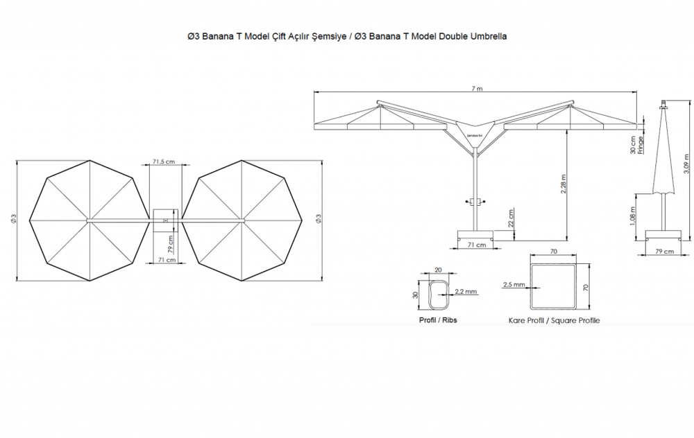 Зонт профессиональный двухкупольный Ø3х6 м Theumbrela Semsiye Evi Double Banana T, бежевый