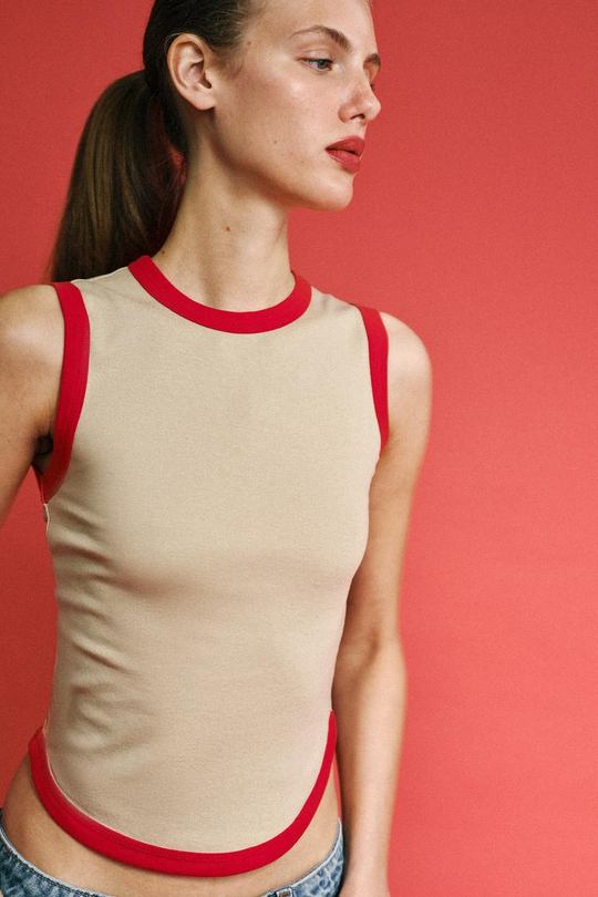 ZARA ФУТБОЛКА С КОНТРАСТНЫМИ ПОЛОСАМИ,БЕЖЕВЫЙ