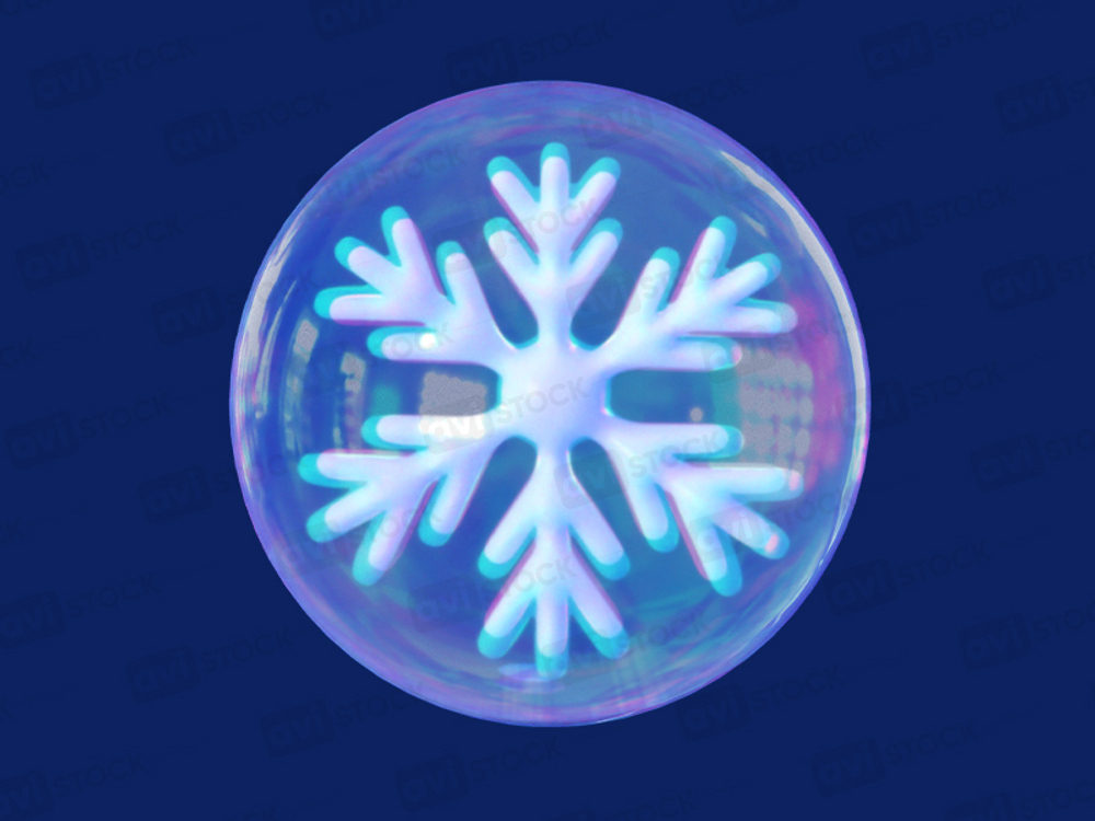 Снежинка в прозрачном пузыре с неоновым свечением, минималистичный зимний графический элемент