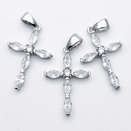 Подвеска Крест, цвет серебро (родий), фианиты, размер 22*14 мм, цена за 1 шт