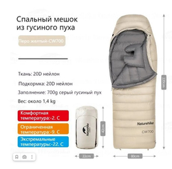 Мешок спальный Naturehike CW700, 220х80 см, (правый) (ТК: -2C), бежевый