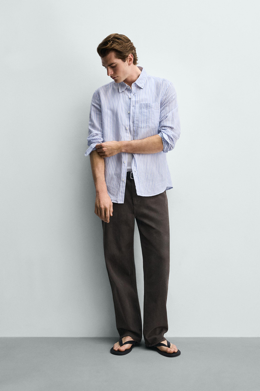 ZARА РУБАШКА REGULAR FIT ИЗ ЛЬНА И ХЛОПКА, СИНИЙ/БЕЛЫЙ