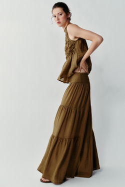 ZARA ТОП С ГОРЛОВИНОЙ ХАЛТЕР И СБОРКАМИ, ОЛИВКОВЫЙ