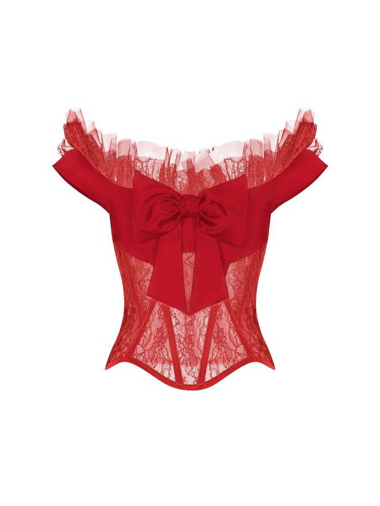 Tоп корсетного типа из крепа и кружева с рюшами и бантом