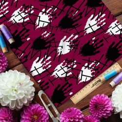 Ткань бифлекс белые и чёрные отпечатки ладоней на бордовом фоне