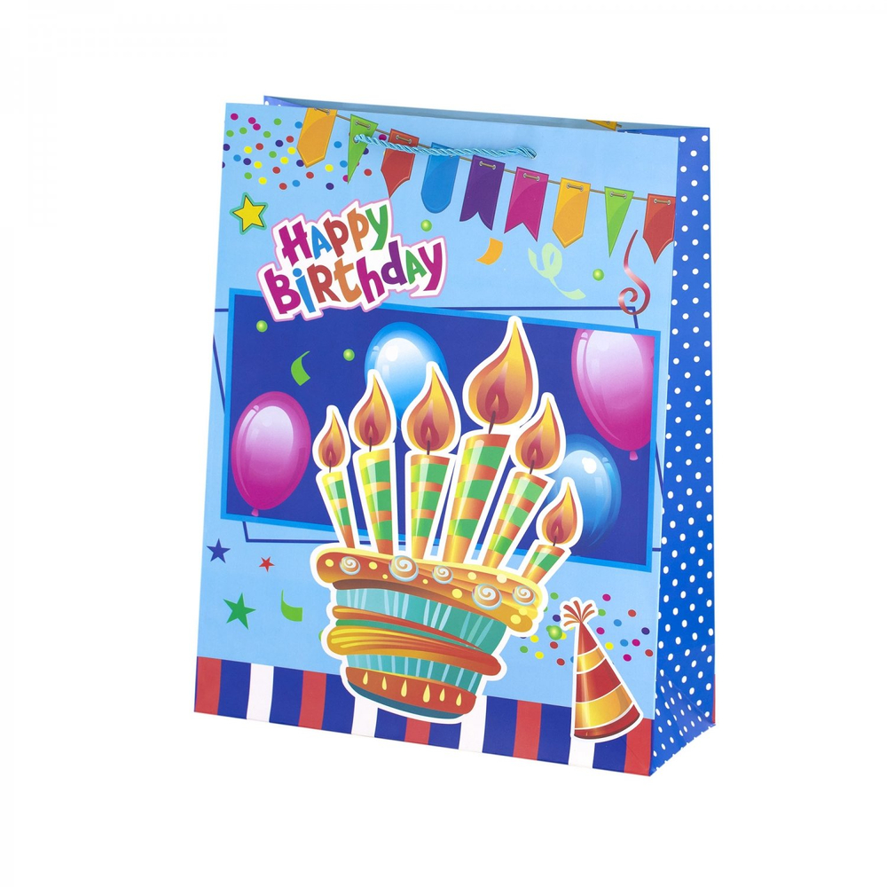 Пакет подарочный бумажный Alingar, (L+) 26х32х10 см, вертикальный, "С днем рождения", матов. ламинация, ассорти