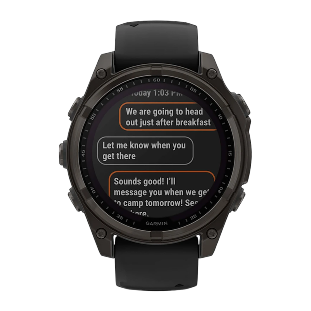 Спортивные часы Garmin fenix 8, 47 мм, Solar, титан с DLC, сапфир, силиконовый ремешок цвета чёрный/«серая галька» Тёмно-серый безель из титана с DLC-покрытием, дисплей Solar. Ремешок с классической застёжкой — на запястье обхватом 125–208 мм