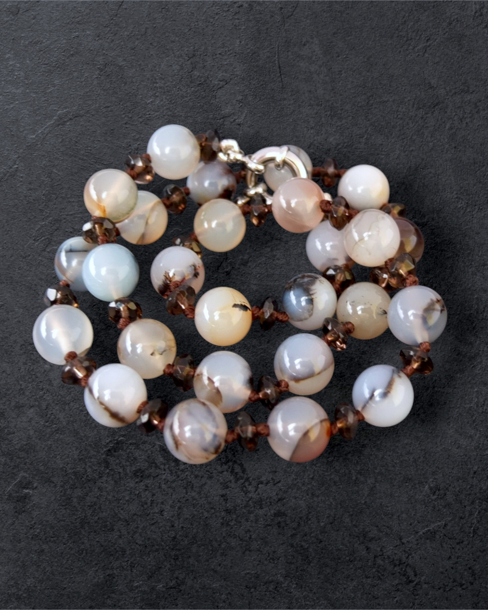 Бусы из натурального серого агата и раухтопаза