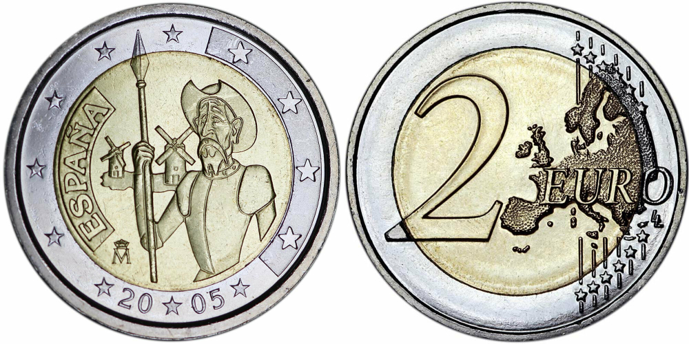 Испания 2 евро, 2005 400 лет изданию романа «Дон-Кихот» Мигеля Сервантеса aUNC