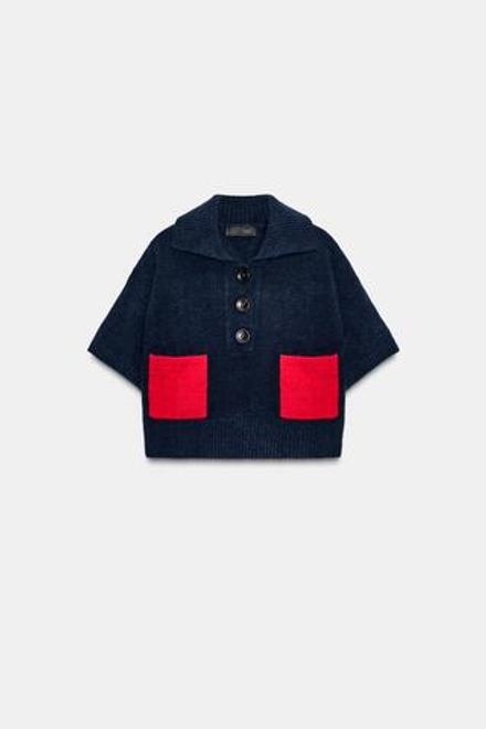 ZARA ДЖЕМПЕР ИЗ ТРИКОТАЖА С КОРОТКИМИ РУКАВАМИ, МОРСКОЙ СИНИЙ