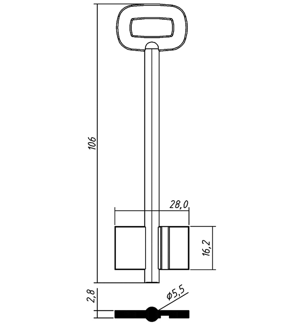 Заготовка сувальдного ключа 10593 186/1- Ростов-2 литье (правый паз)(106*28*16,2мм)(5,5мм) (RST2D)