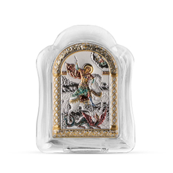 Георгий Победоносец, икона арочная, белое муранское стекло, эмаль 86х112