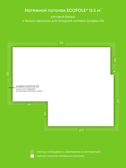 Натяжные потолки 12.5 м2, 9.4 м2, 10.7 м2, 0.4 м2, 0.5 м2, 0.4 м2