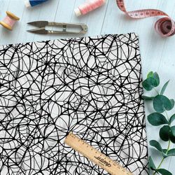 Ткань таффета мелкая чёрная паутина на белом фоне