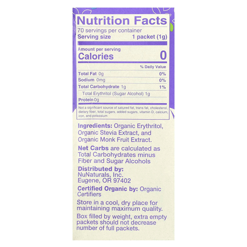 NuNaturals, Органический подсластитель, стевия и архат, 70 пакетиков, 2,47 унции (70 г)